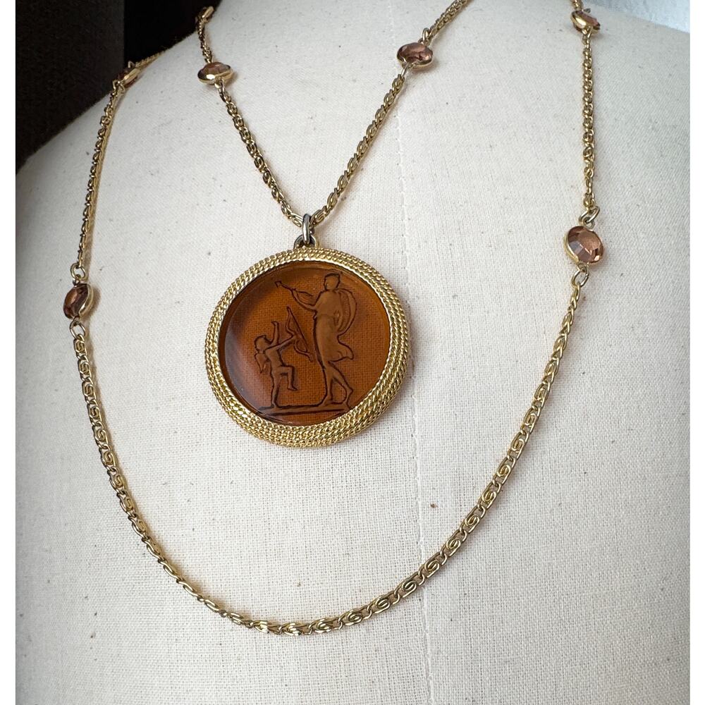 Cupid Goldtone Double Chain Necklace Pendant Vintage Coldette N.Y Carved Citrine
